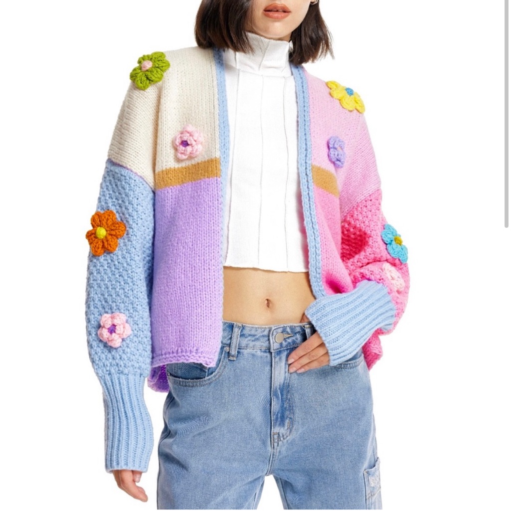Nwt Chunky Handknit Multi Color Rosettes Xl Cardigan.